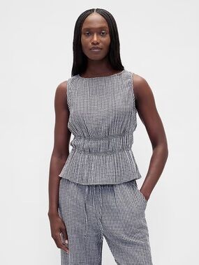 Sleeveless Black & White Gingham Peplum Top